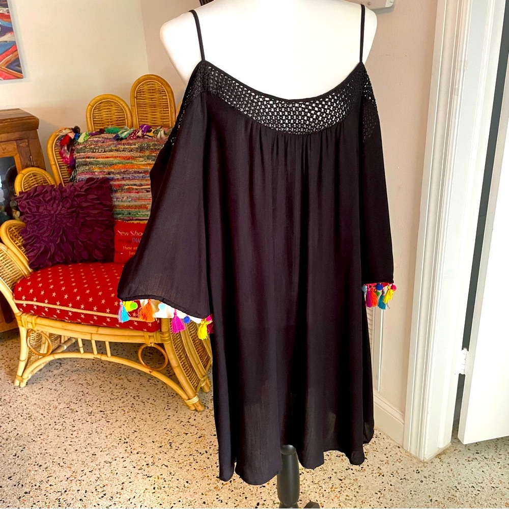 Nanette Lepore Dress Swim Coverup or Dress. Black lightweight! Bright Tassels. M